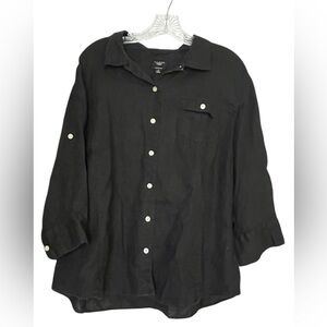 Talbots Shirt Womens 2X Black 100% Linen Button Down Roll Tab 3/4 Sleeve Plus